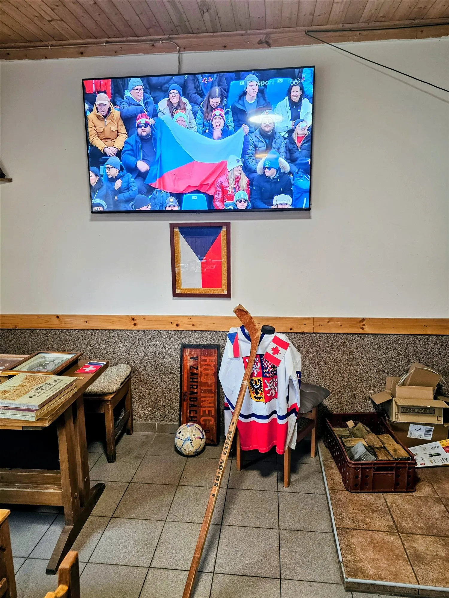 Interiér s televizí, zarámovaným dresem a lyžemi v rohu